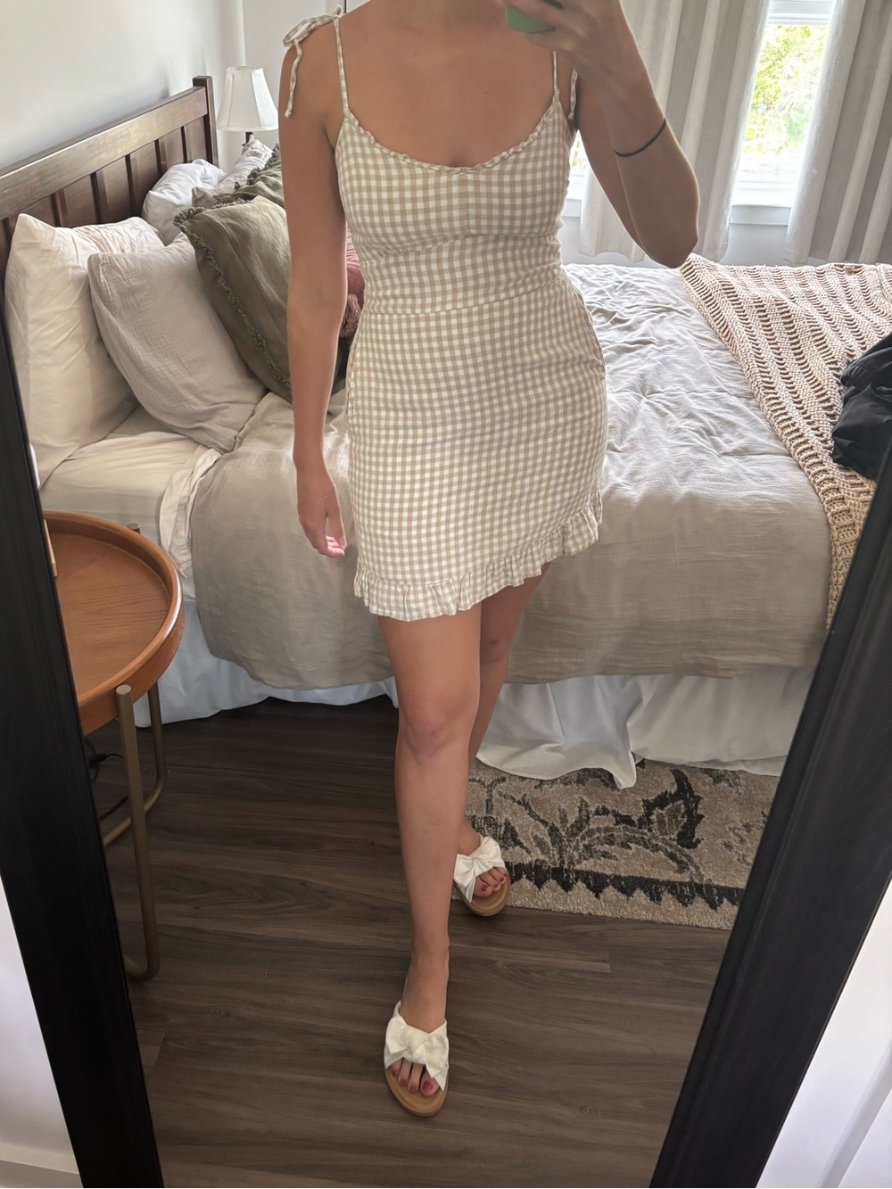 Abercrombie & Fitch Beige and White Gingham Tie-Shoulder Mini Dress